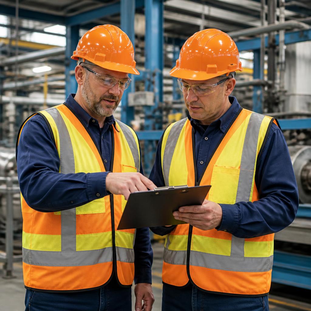 Engineers marking a risk assessment on equipment